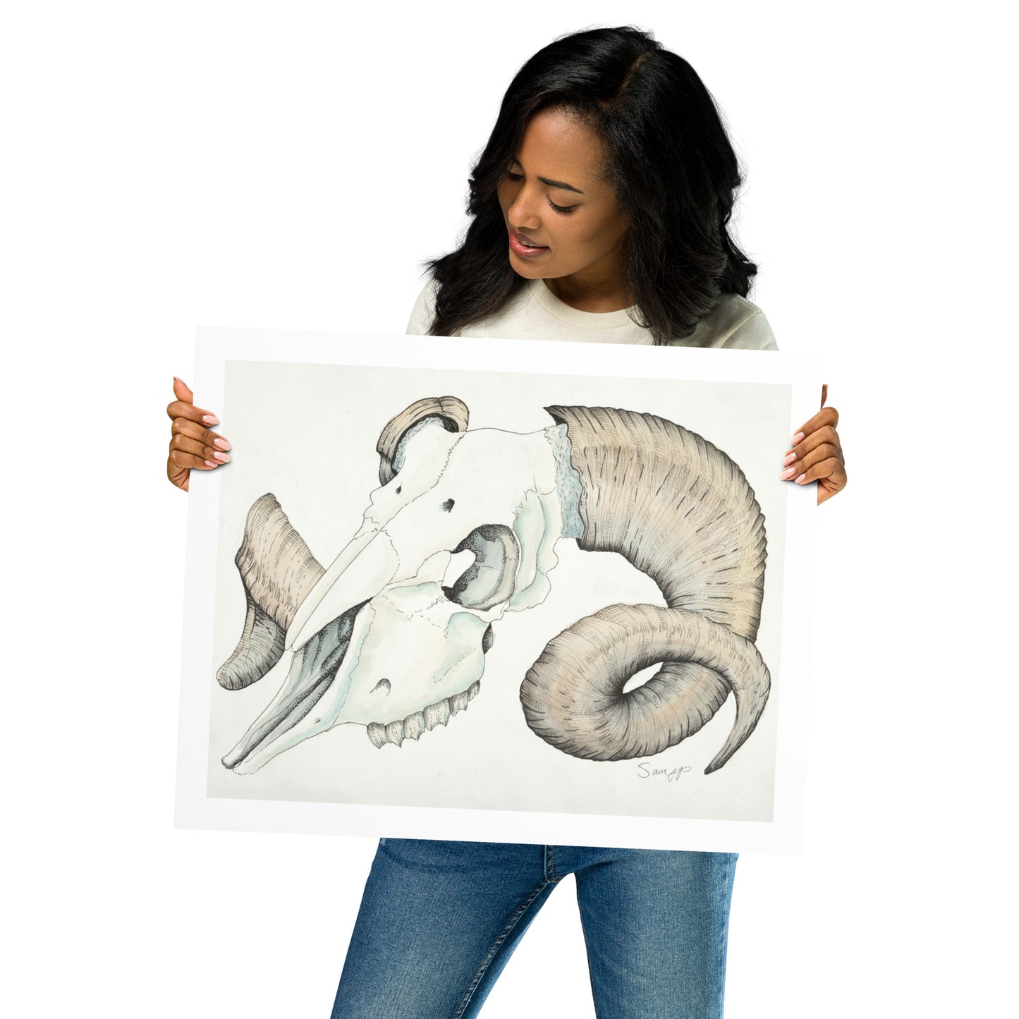 "Ram Skull Study" Print of Original Watercolor and Ink